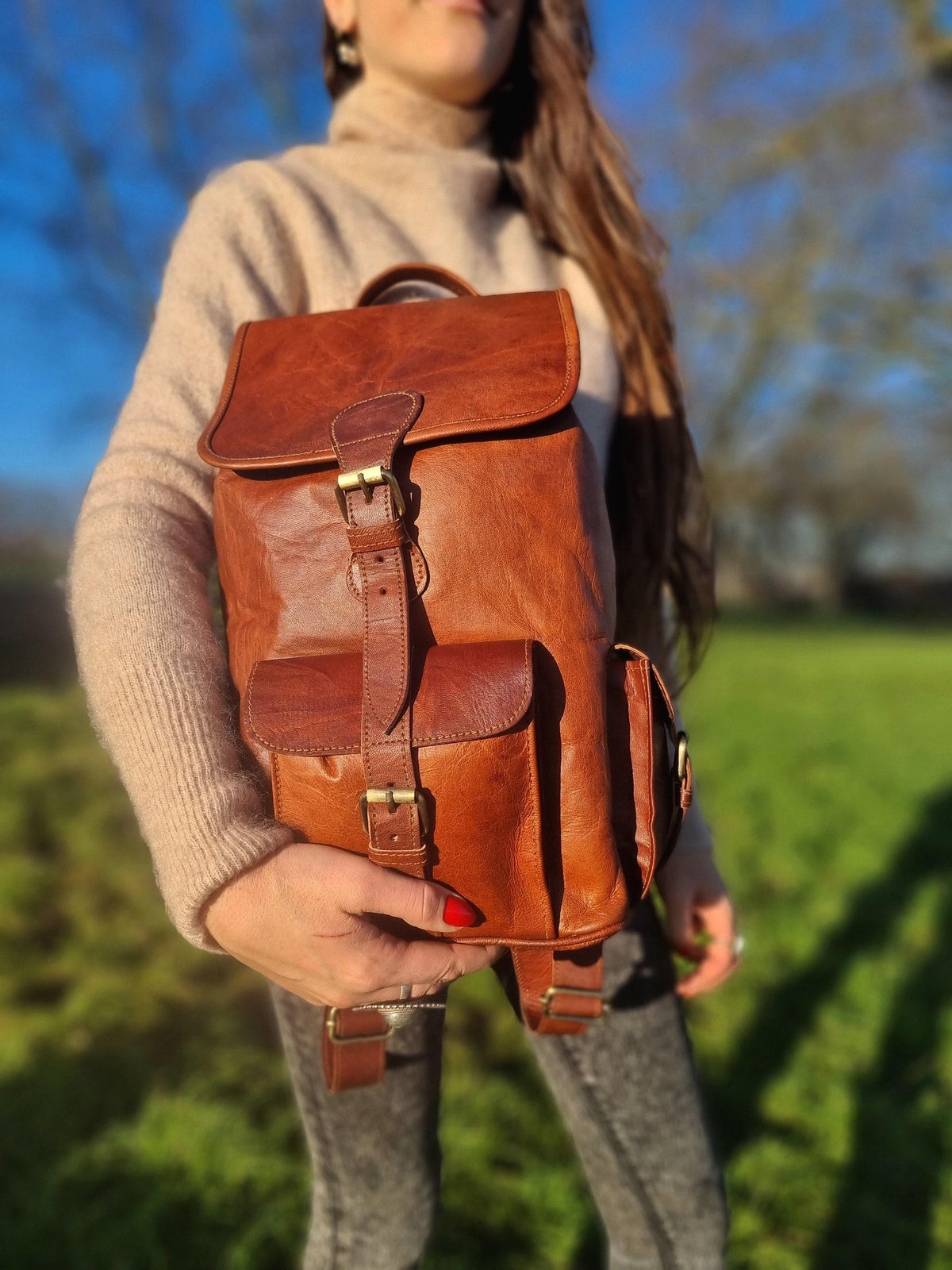 Large Leather Travel Backpack: 16" Unisex Rucksack, Laptop Bag