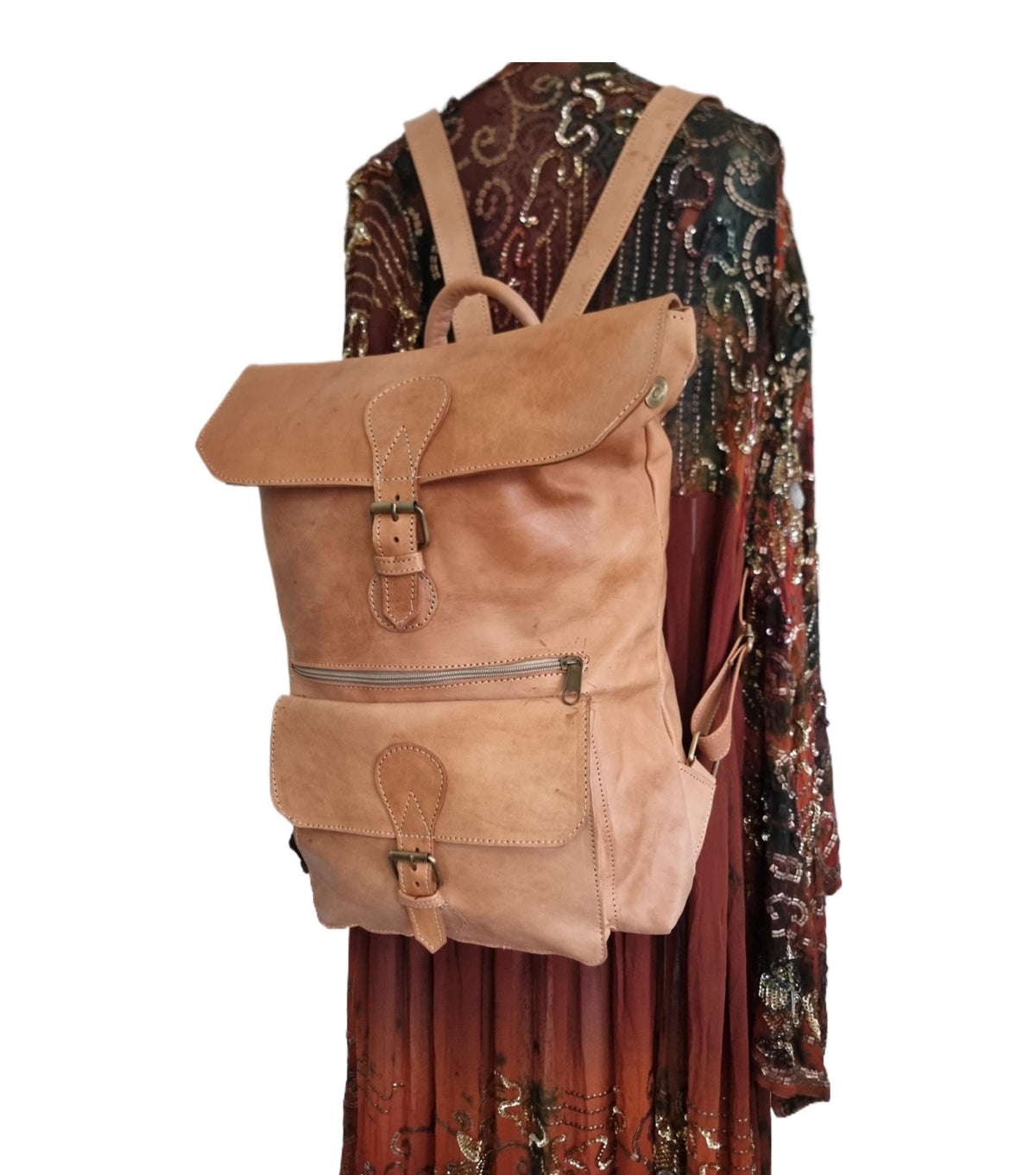 Large Tan Leather Backpack, Womens Rucksack, Handmade Moroccan Bag, Minimalist Travel Bag, Laptop Backpack for Women