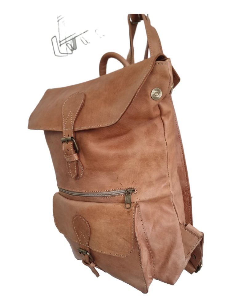 Large Tan Leather Backpack, Womens Rucksack, Handmade Moroccan Bag, Minimalist Travel Bag, Laptop Backpack for Women