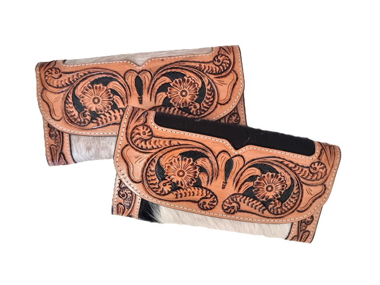 Western Cowhide Leather Long Wallet / Hand Tooled Floral Clutch Purse Women’s Zip Around Boho Card Holder