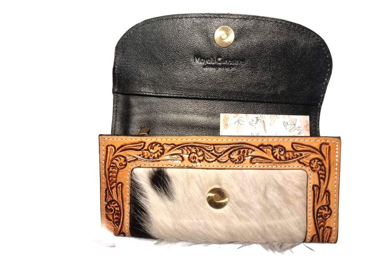 Western Cowhide Leather Long Wallet / Hand Tooled Floral Clutch Purse Women’s Zip Around Boho Card Holder