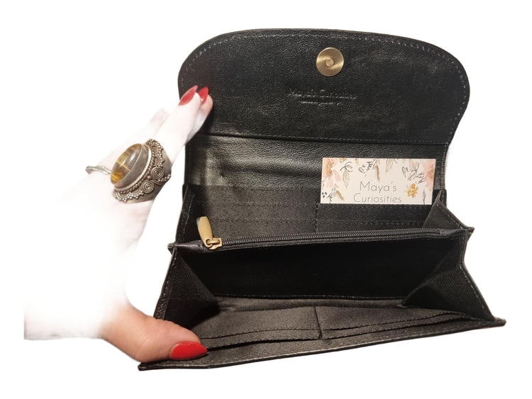 Western Cowhide Leather Long Wallet / Hand Tooled Floral Clutch Purse Women’s Zip Around Boho Card Holder