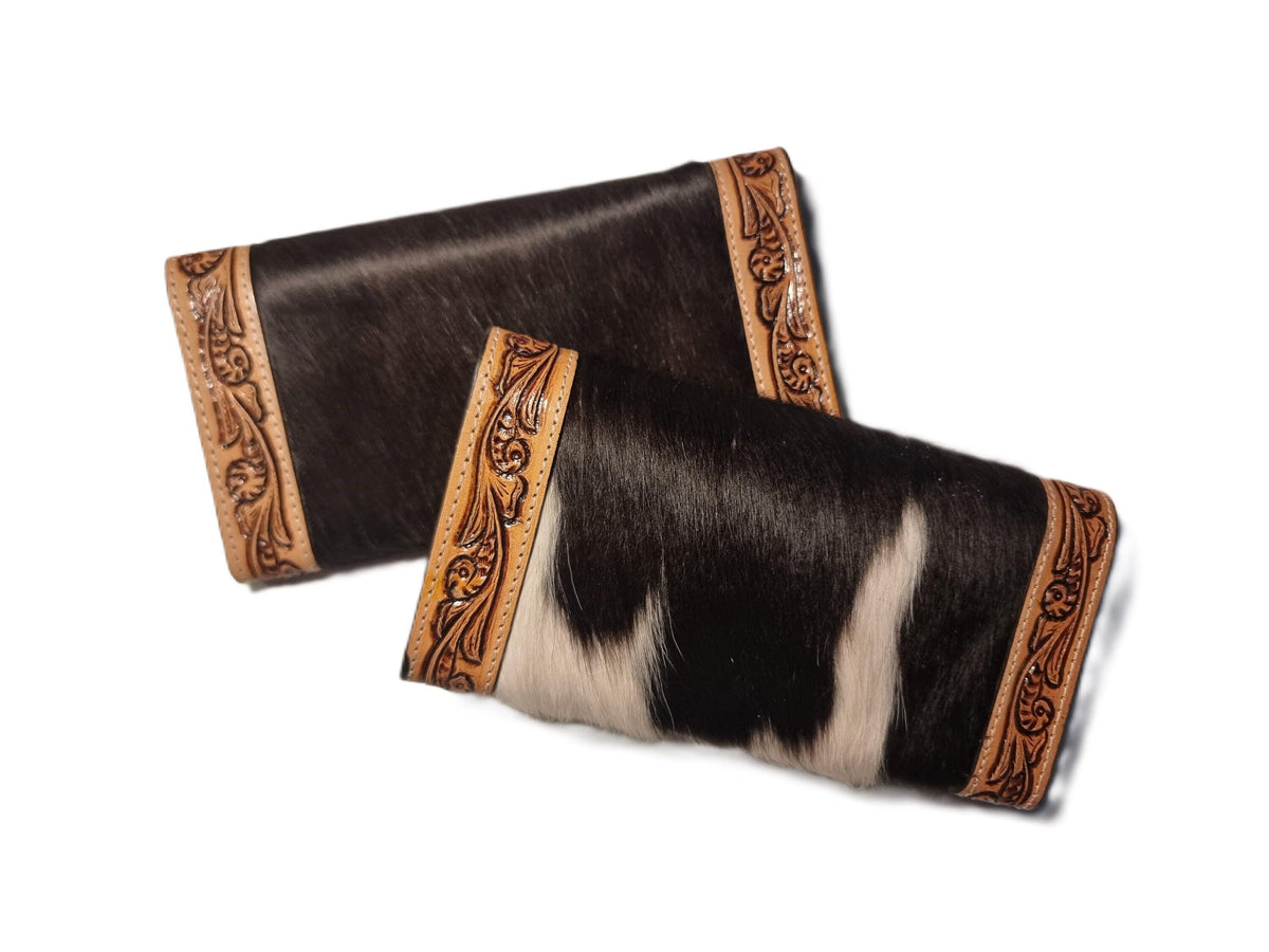 Western Cowhide Leather Long Wallet / Hand Tooled Floral Clutch Purse Women’s Zip Around Boho Card Holder