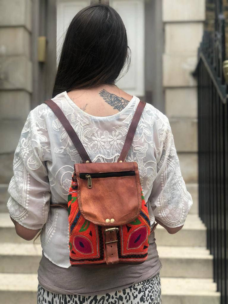 Embroidered Leather Backpack: Small Boho Floral Rucksack