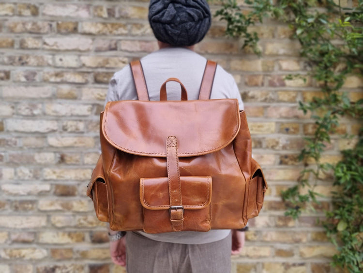 Extra Large Leather Backpack – Handmade Vintage Tan Brown Trekking Rucksack