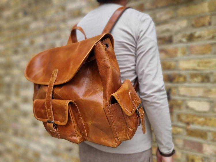 Extra Large Leather Backpack – Handmade Vintage Tan Brown Trekking Rucksack