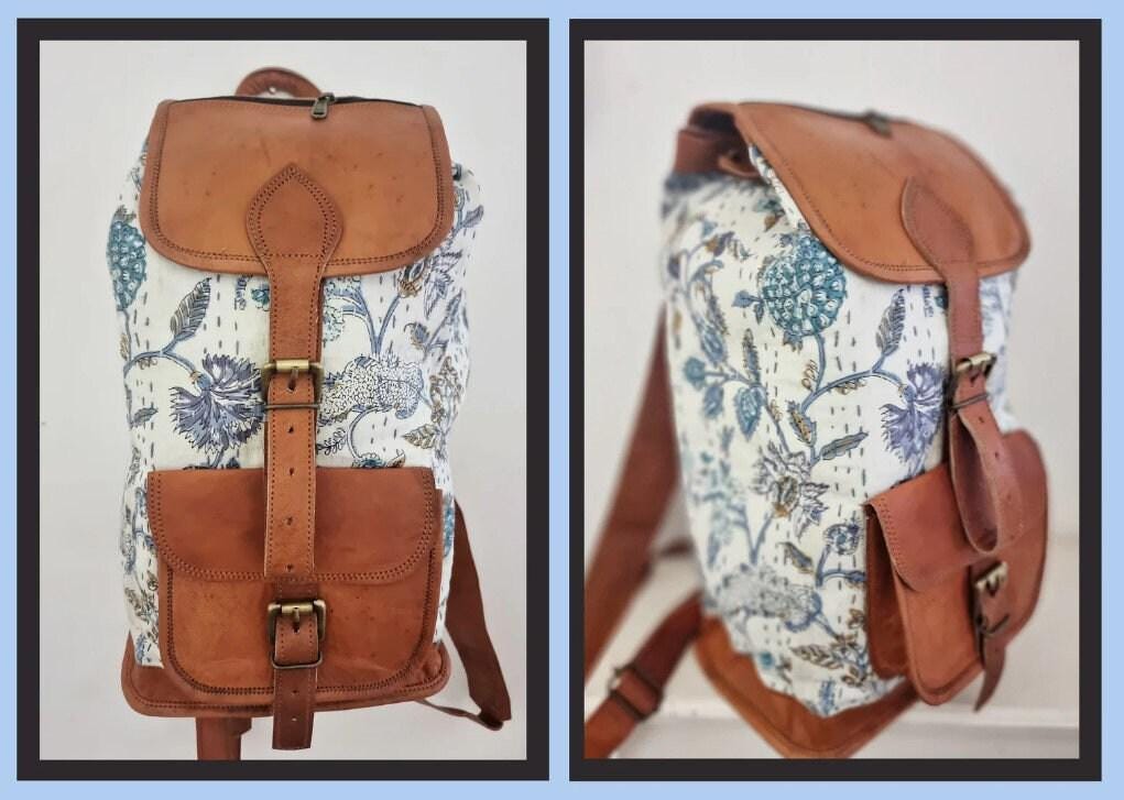 Floral Leather Backpack, Large Boho Rucksack, Hippie Flower Backpack, Botanical Tapestry Bag, 15 Inch Laptop Backpack, Vintage Style