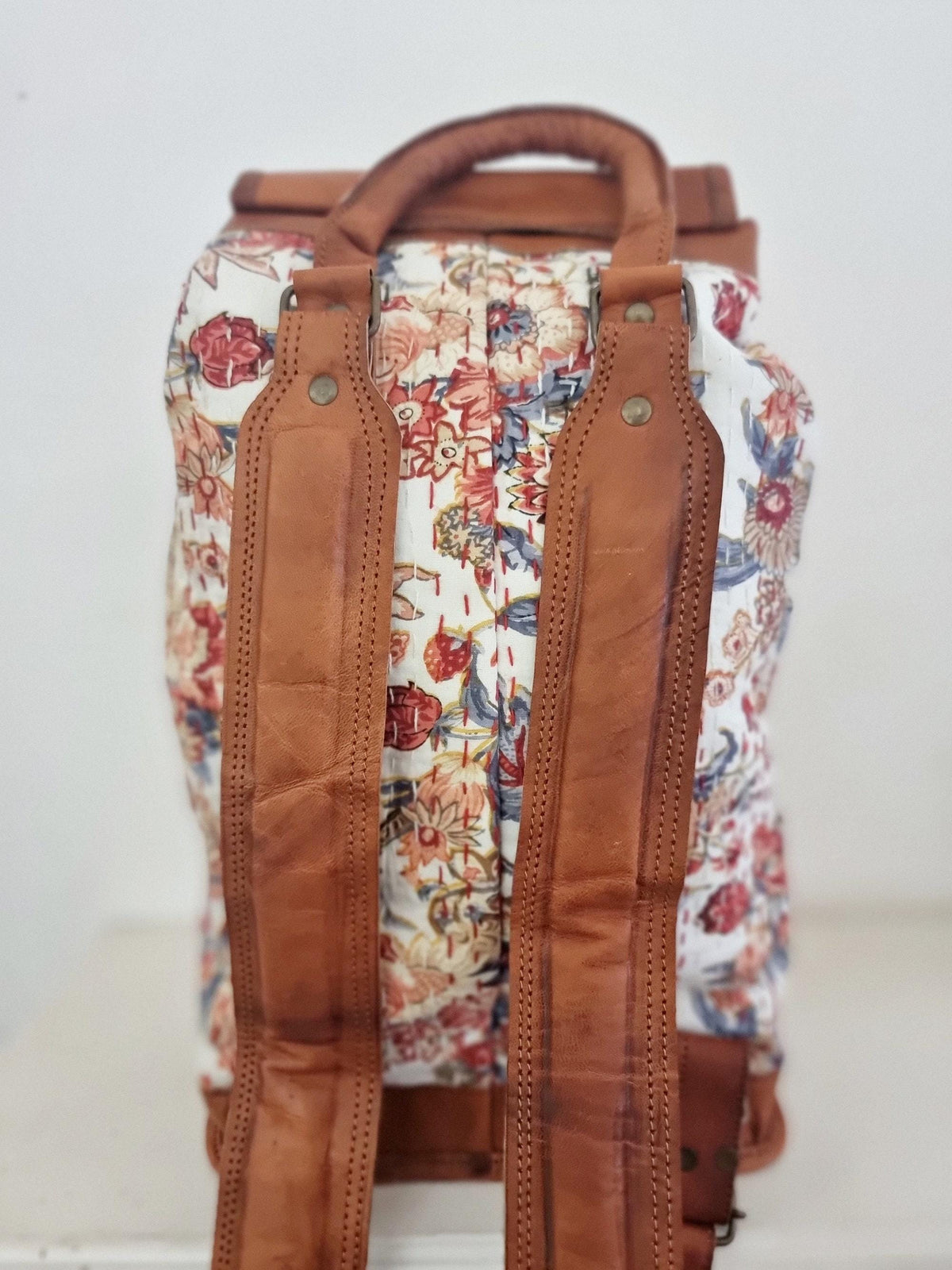 Floral Leather Backpack: Large Canvas Rucksack, Vintage Boho Bag