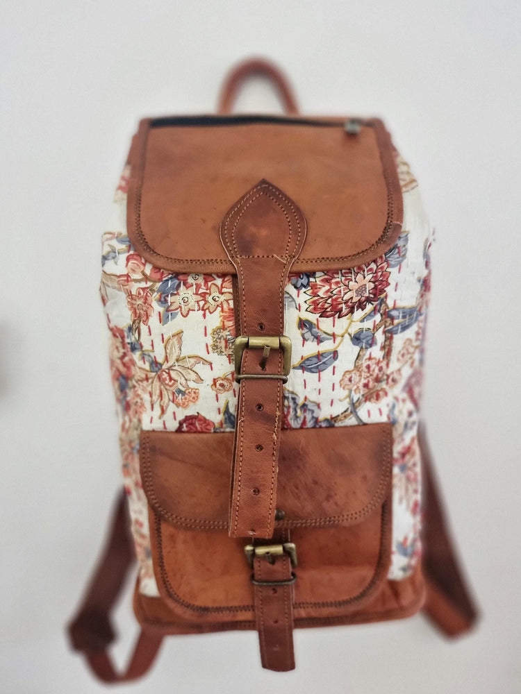 Floral Leather Backpack: Large Canvas Rucksack, Vintage Boho Bag