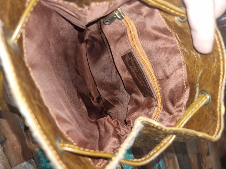 Cowhide Leather Backpack – Small Western Rucksack with Cow Print, Fringe & Conchos