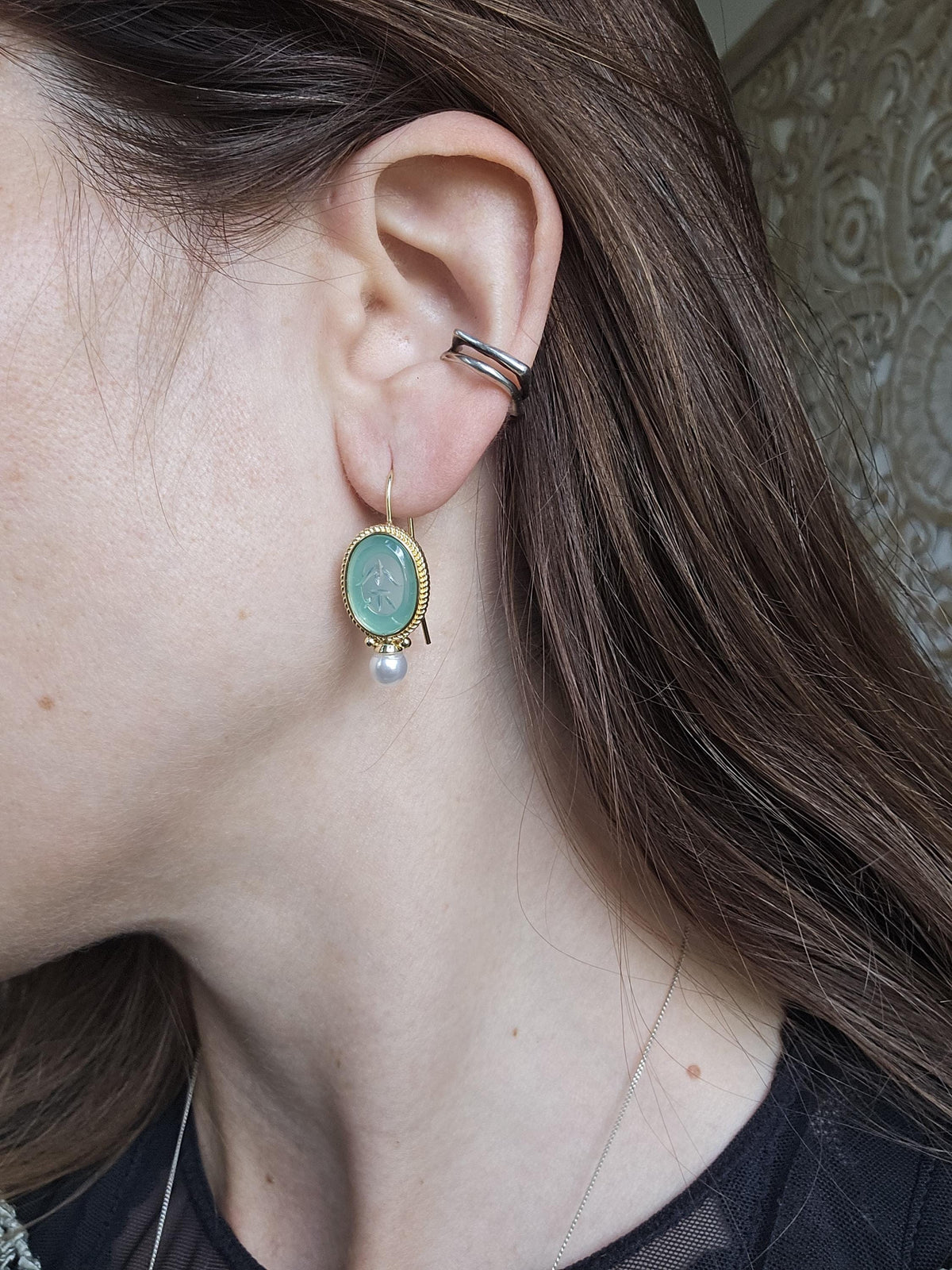 Turquoise Pearl Drop Earrings, Oval Vintage Art Deco Boho Jewellery, Antique Brass Wedding Earrings, Something Blue Bridal Gift