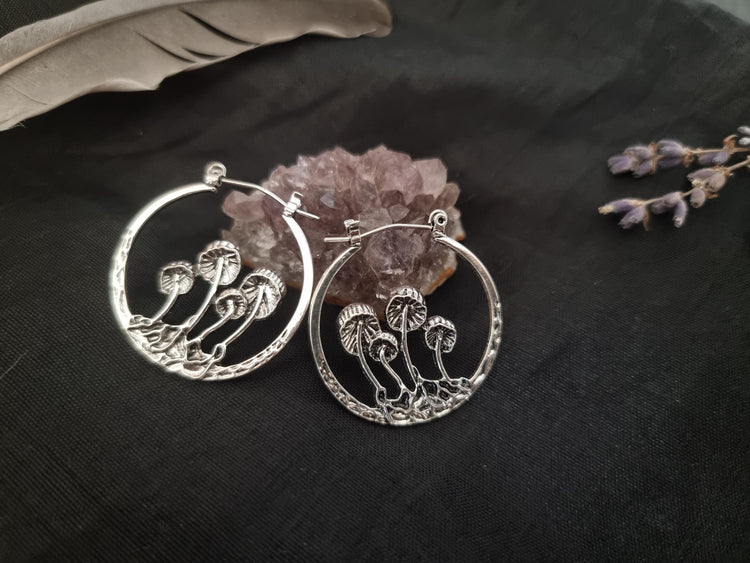 Mushroom Hoop Earrings: Vintage Silver Fly Agaric, Boho Cottagecore