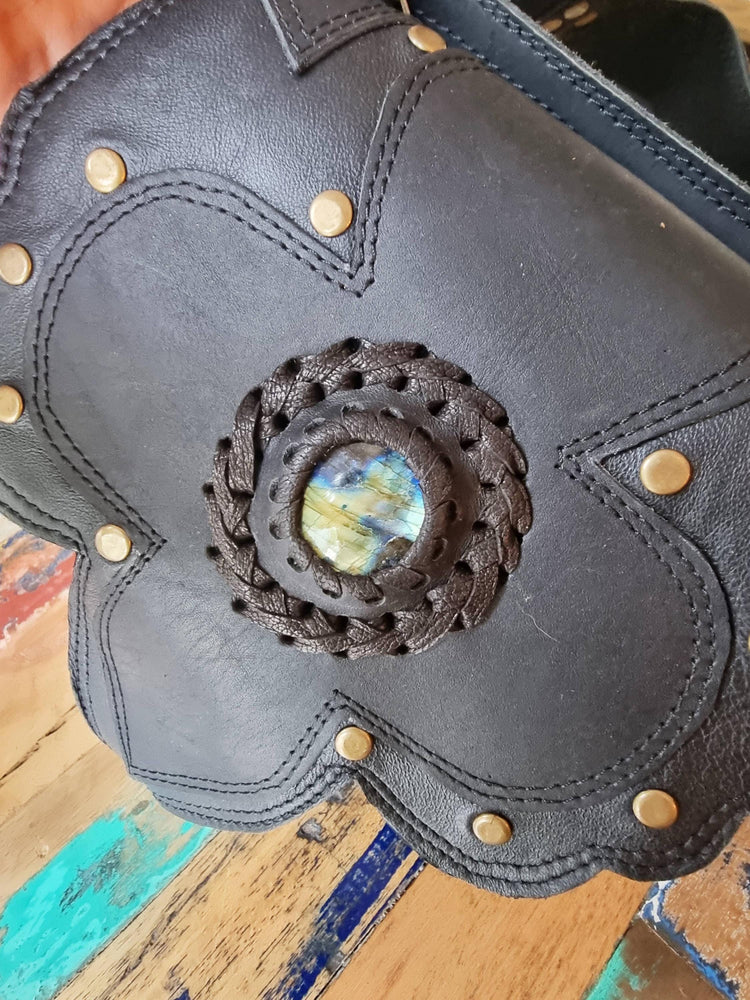 Womens Leather Fanny Pack: Boho Festival Hip Bag with Labradorite