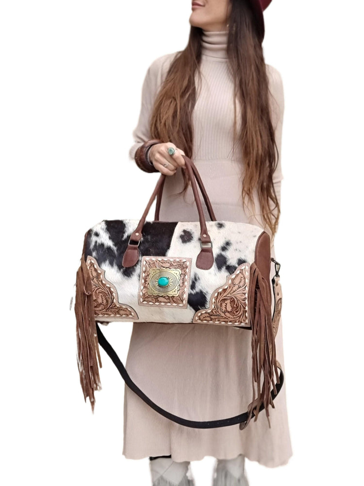 Hand Tooled Cowhide Leather Duffle Bag: Fringe Weekender Travel Bag