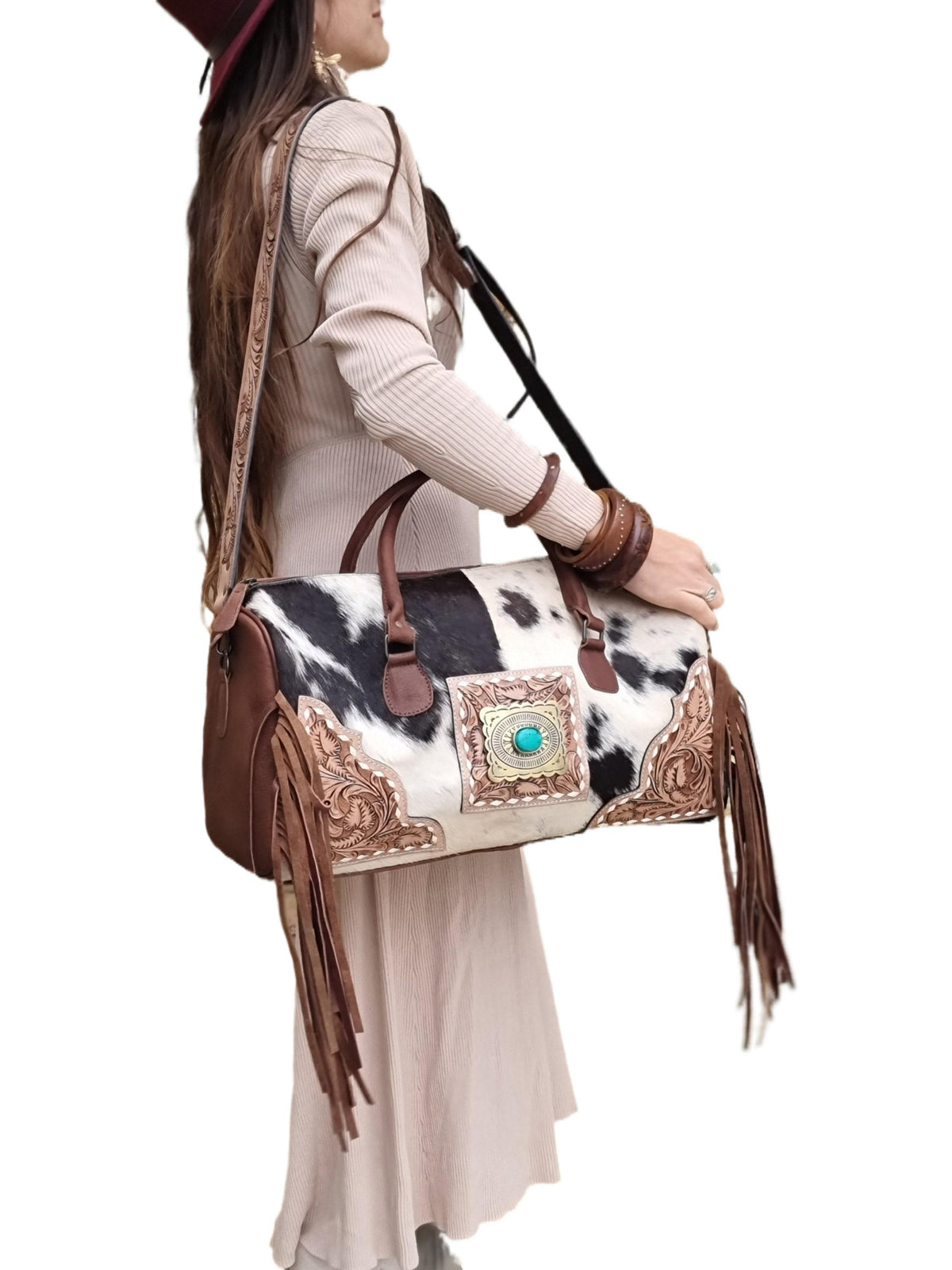 Hand Tooled Cowhide Leather Duffle Bag: Fringe Weekender Travel Bag
