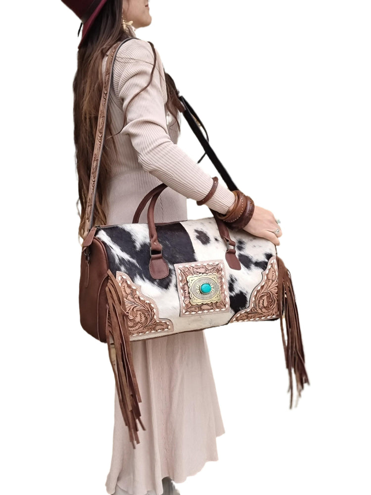 Hand Tooled Cowhide Leather Duffle Bag: Fringe Weekender Travel Bag