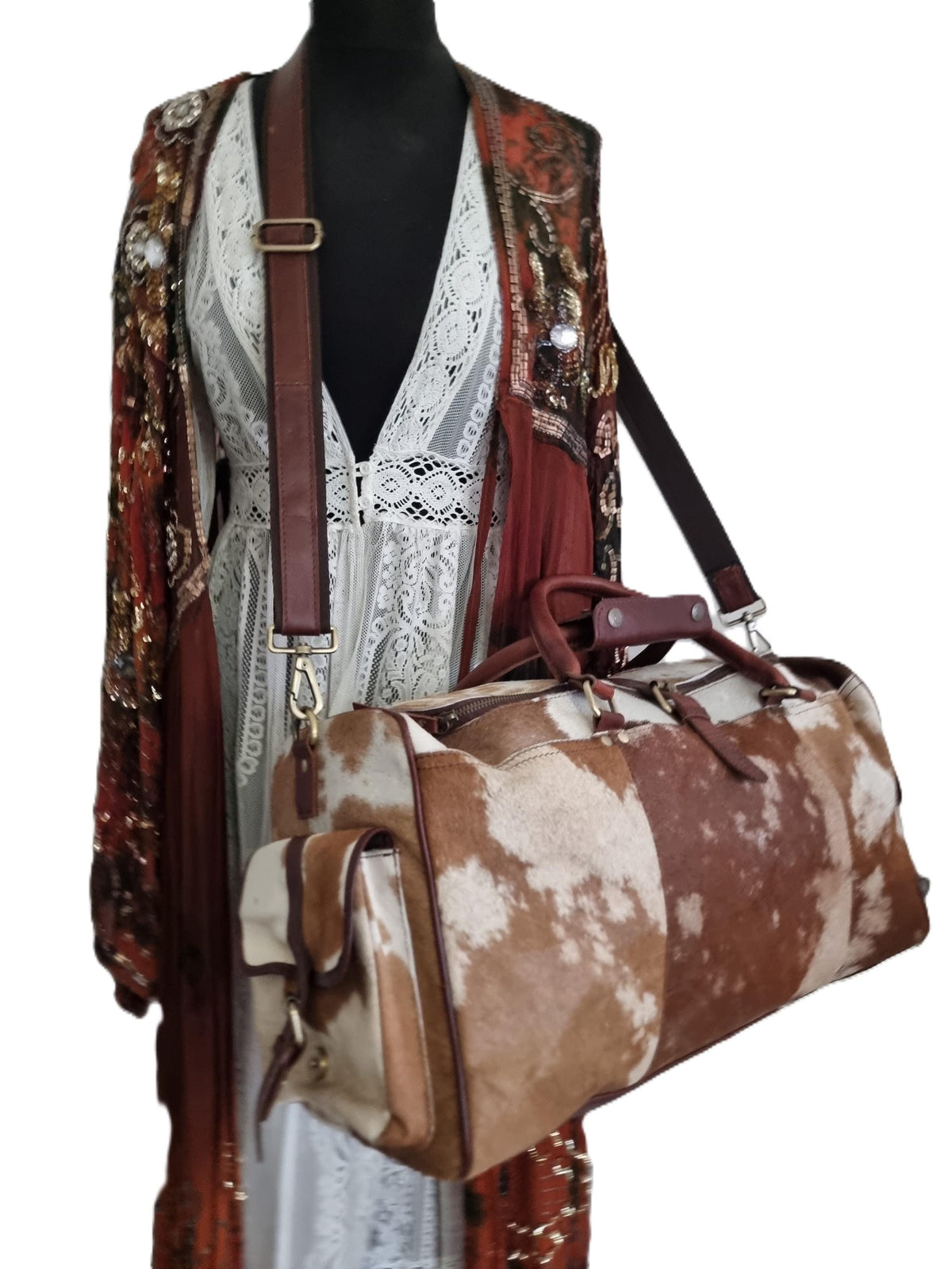 Cowhide Leather Duffle Bag for Men & Women, Large Western Weekender Travel Bag Overnight Carry On
