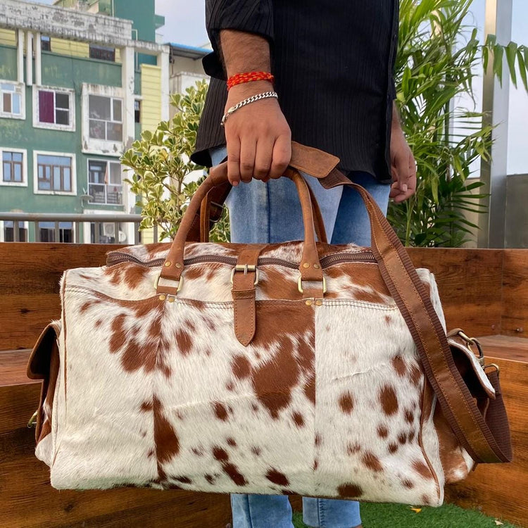 Cowhide Leather Duffle Bag for Men & Women, Large Western Weekender Travel Bag Overnight Carry On