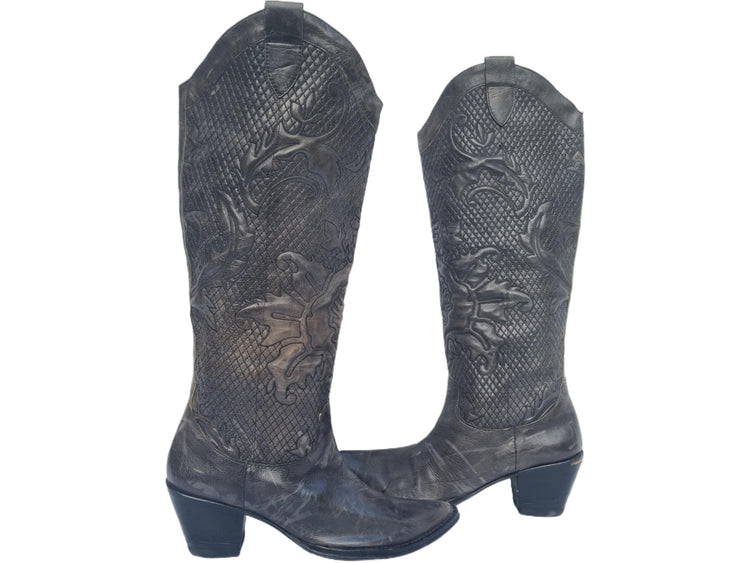 Vintage Leather Western Boots, Italian Designer Shoes, Tooled Floral Knee High Cowboy Boots, Boho Festival Footwear