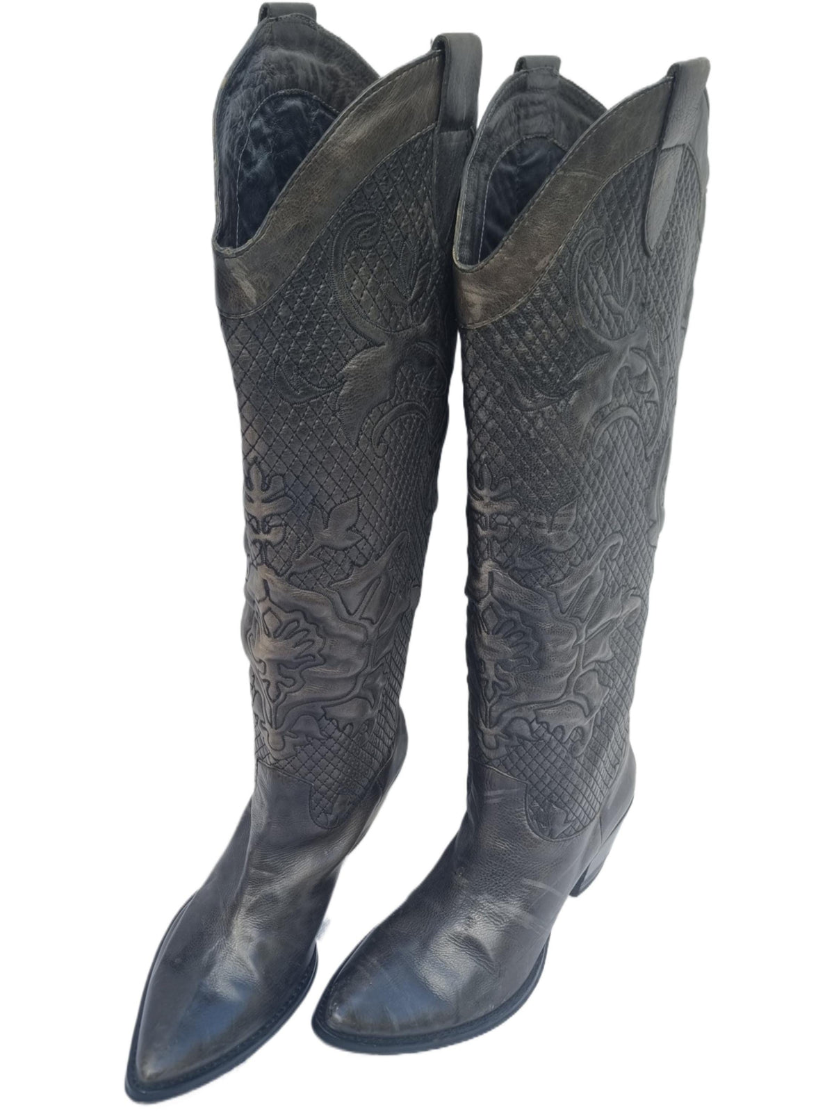 Tooled Leather Cowboy Boots: Italian Designer Western Boots - Size 40 / US 8.5
