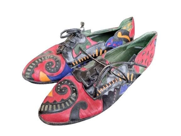Vintage Beverly Feldmann Leather Flats: Abstract Pattern 1980s Shoes, Size EU 38 / US 7