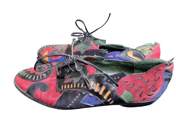 Vintage Beverly Feldmann Leather Flats: Abstract Pattern 1980s Shoes, Size EU 38 / US 7