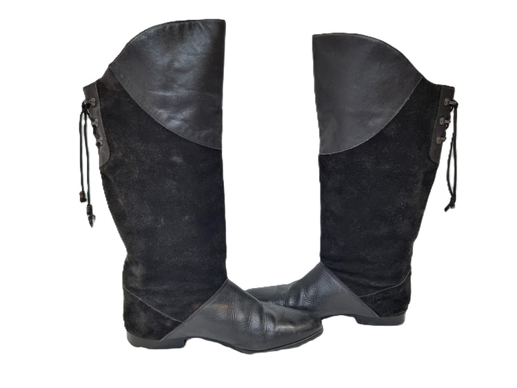 Vintage Leather Riding Boots, Leopard Print Knee High Boots, Black Suede Boots, Boho Hippie Festival Boots, Western Cowboy Boots, EU 40