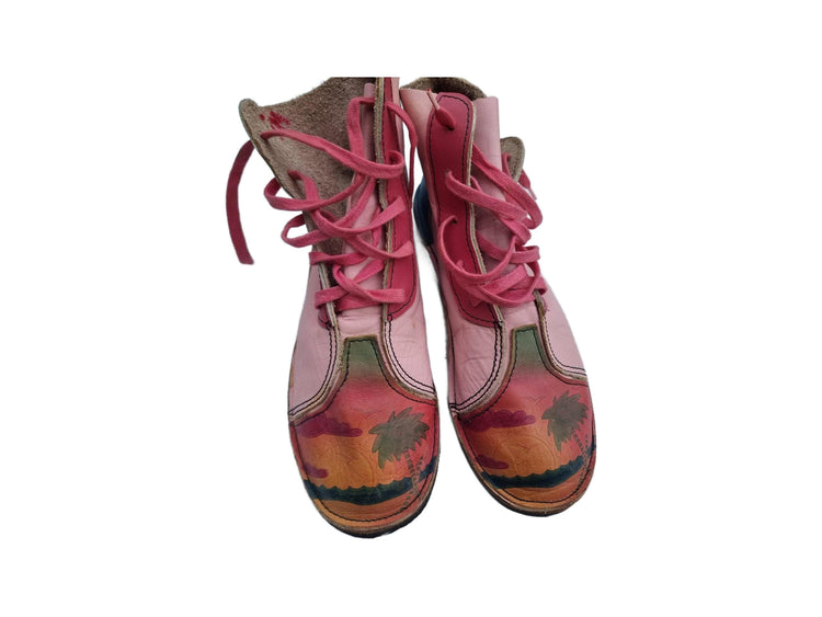 Hand Painted Leather Festival Boots, Pink Blue Hippie Boots, Sunset Beach Ankle Boots, Boho Lace Up Shoes, Colourful Leather Boots UK 6