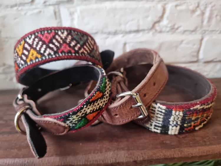 Boho dog collar for small dogs, tribal pet collar real leather, unique puppy collar with moroccan kilim, bohemian dog accessories gifts