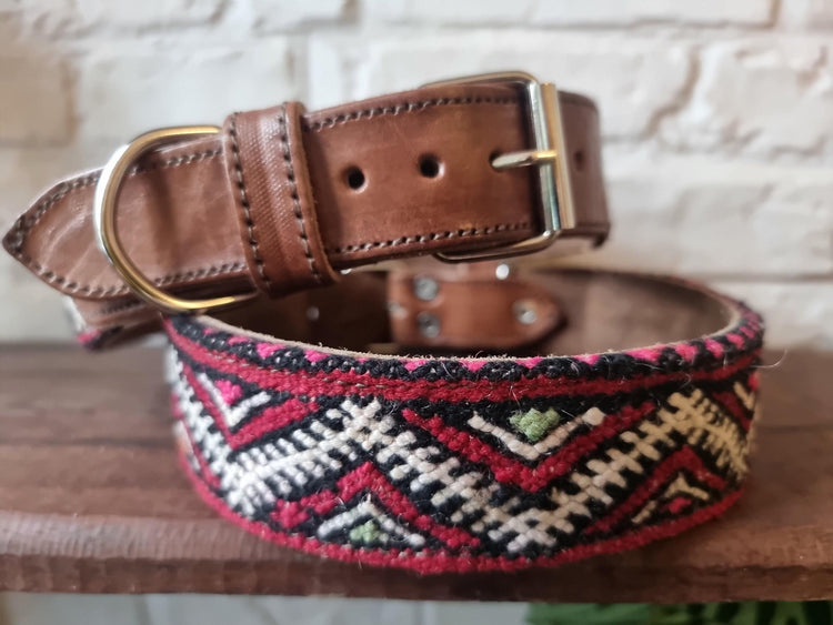 Leather Dog Collar & Leash Set: Vintage Moroccan Kilim, Large Dogs