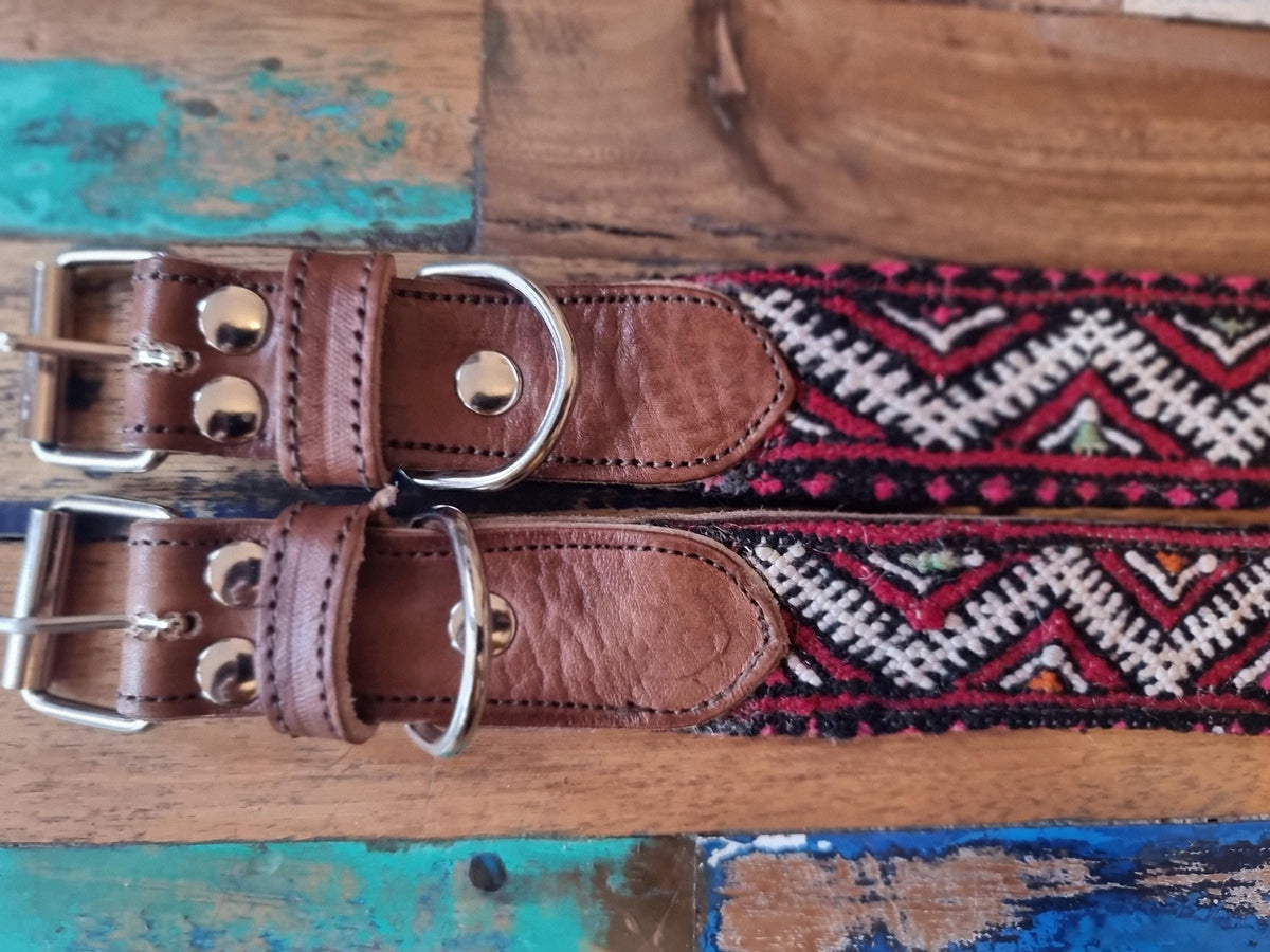 Leather Dog Collar & Leash Set: Vintage Moroccan Kilim, Large Dogs