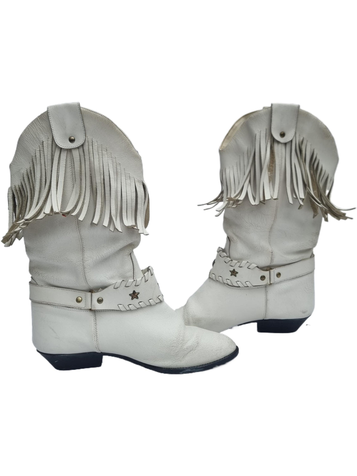 Vintage White Fringe Leather Cowboy Boots - UK 5 / US 7