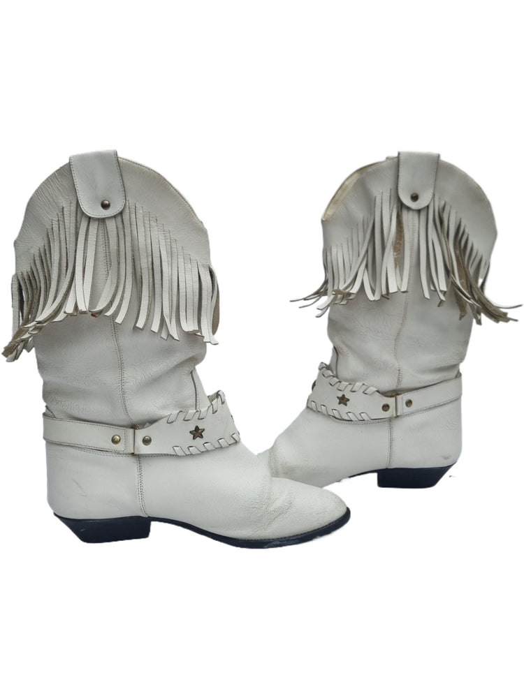 Vintage White Fringe Leather Cowboy Boots - UK 5 / US 7
