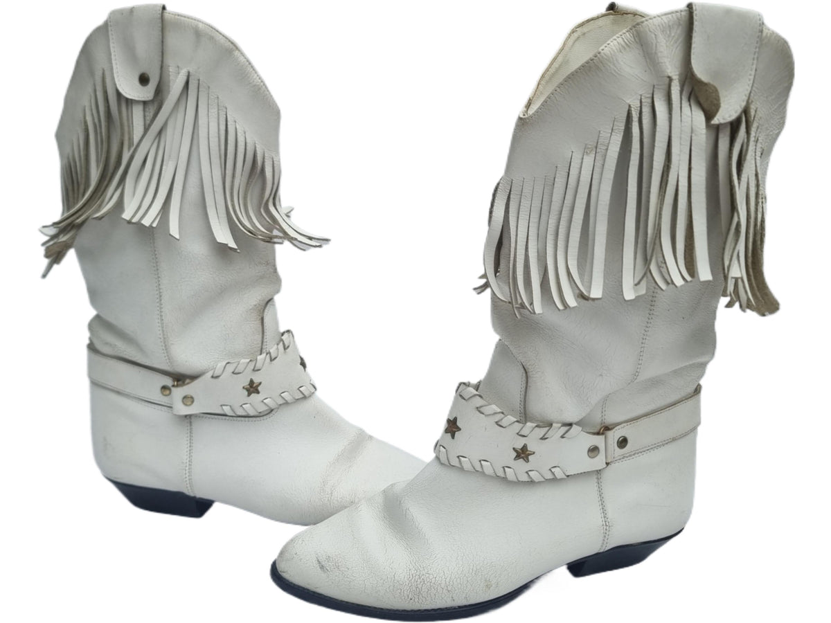Vintage White Fringe Leather Cowboy Boots - UK 5 / US 7