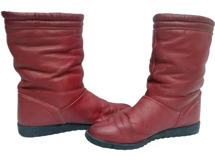 Burgundy Red Leather Winter Boots: Vintage 70s Shearling Lined, UK 6
