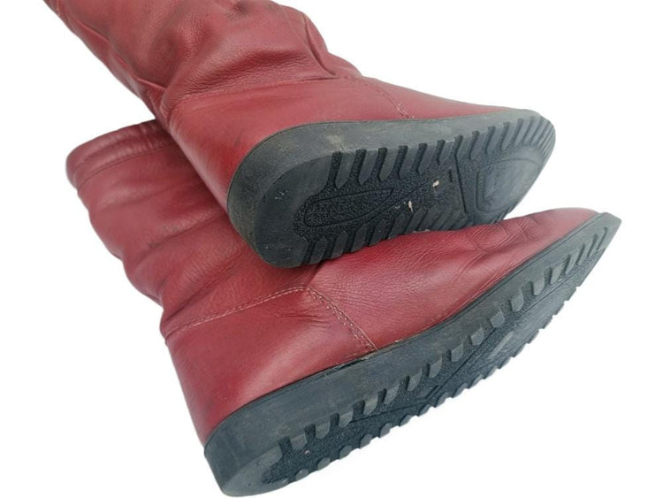 Burgundy Red Leather Winter Boots: Vintage 70s Shearling Lined, UK 6