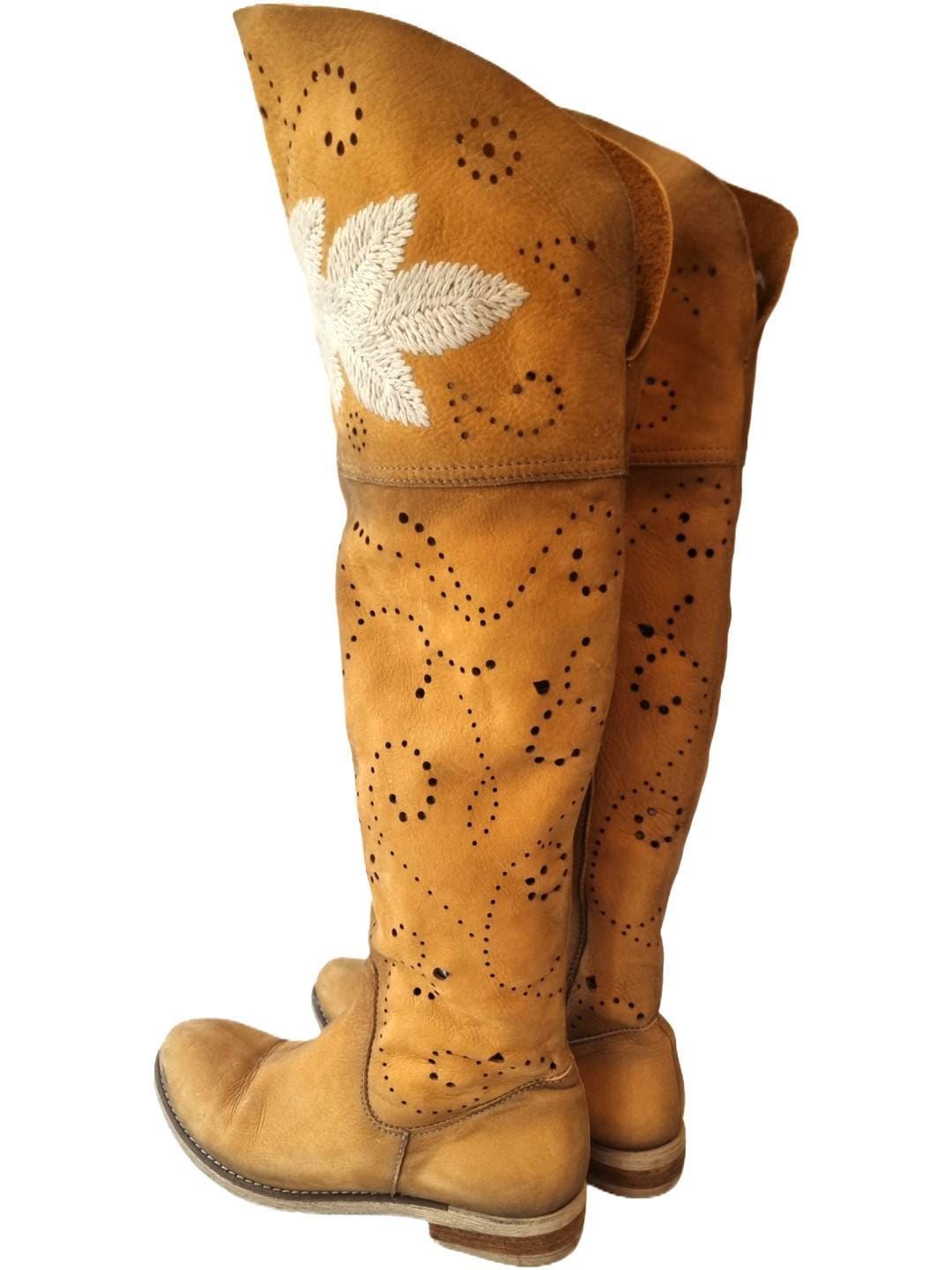 Embroidered Over-the-Knee Leather Boots: Boho Hippie Festival Style (EU 37 / UK 4 / US 6)