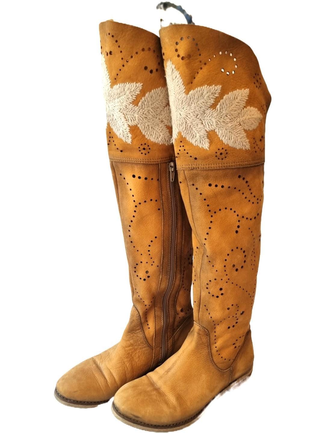 Embroidered Over-the-Knee Leather Boots: Boho Hippie Festival Style (EU 37 / UK 4 / US 6)