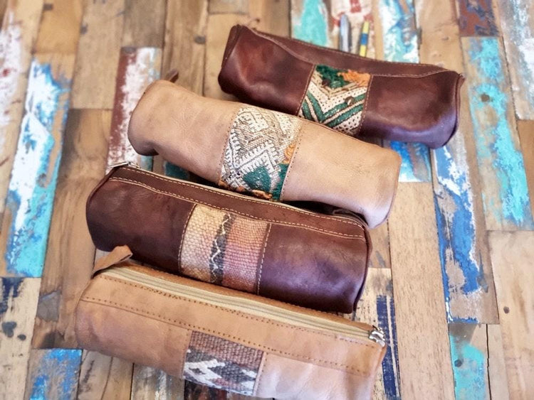 Leather Pencil Pouch with Vintage Moroccan Kilim: Boho Makeup Bag