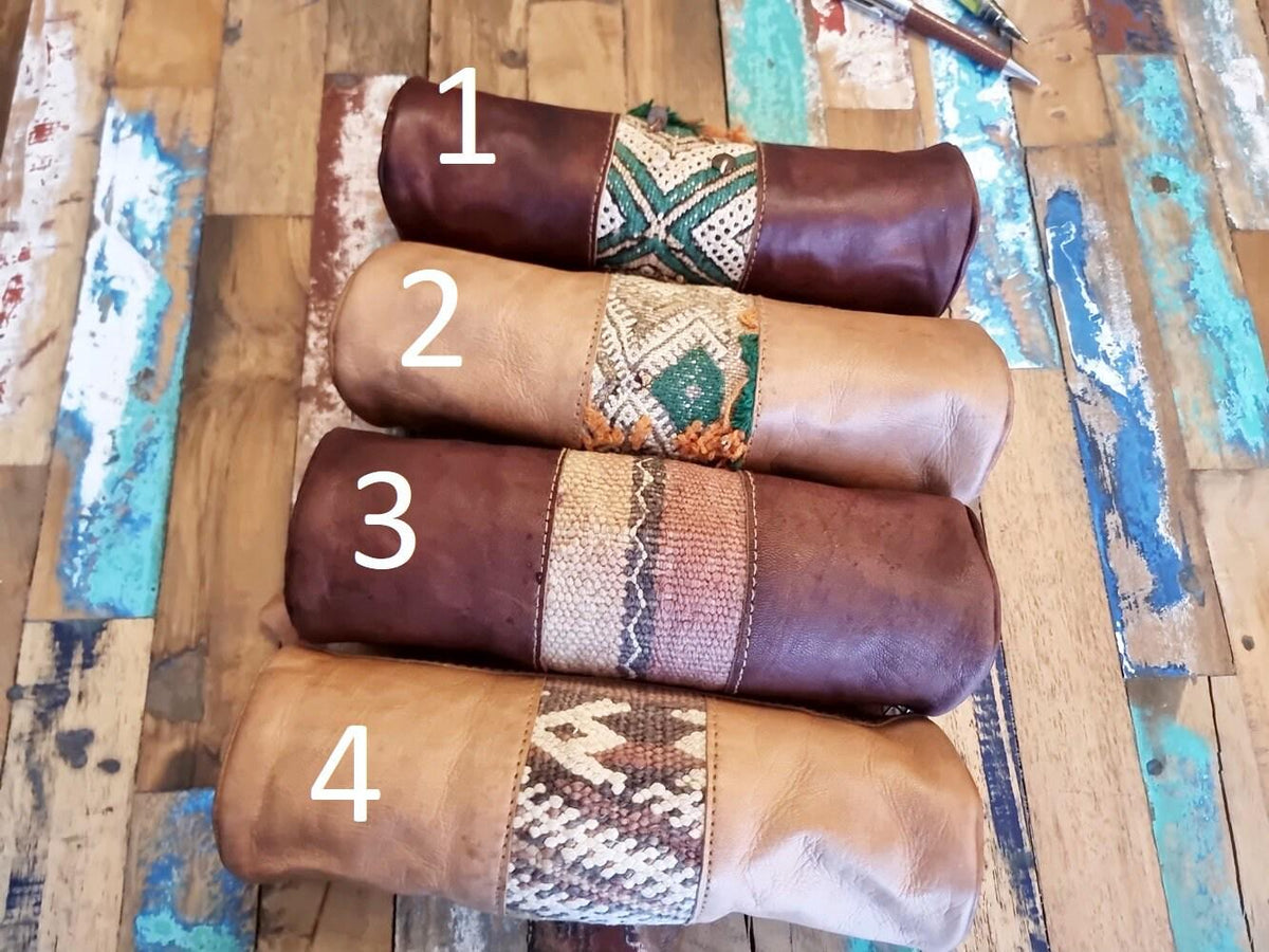 Leather Pencil Pouch with Vintage Moroccan Kilim: Boho Makeup Bag