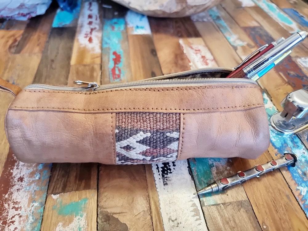 Leather Pencil Pouch with Vintage Moroccan Kilim: Boho Makeup Bag