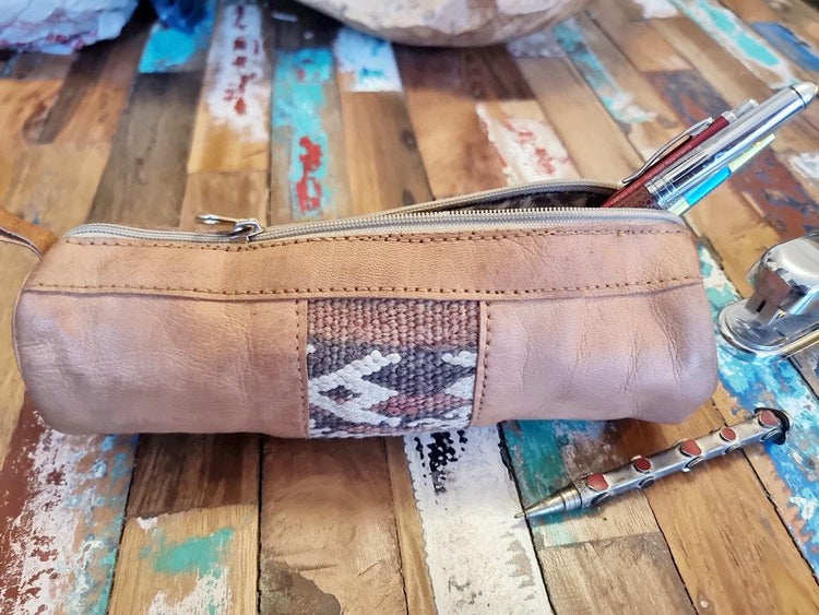 Leather Pencil Pouch with Vintage Moroccan Kilim: Boho Makeup Bag