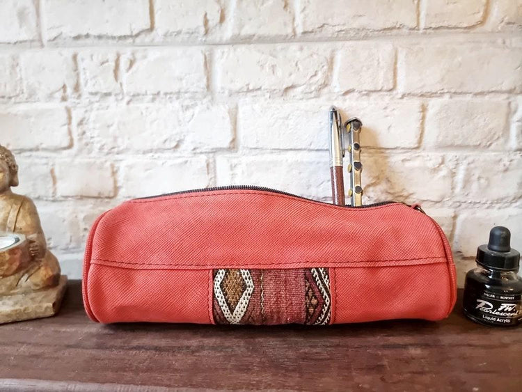 Red Leather Pencil Pouch: Vintage Kilim Detail, Boho Makeup Bag