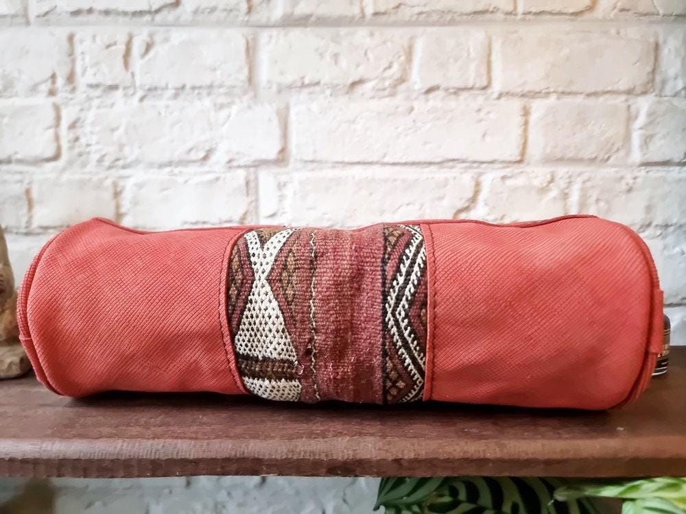 Red Leather Pencil Pouch: Vintage Kilim Detail, Boho Makeup Bag