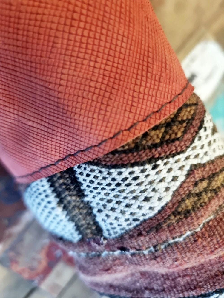 Red Leather Pencil Pouch: Vintage Kilim Detail, Boho Makeup Bag