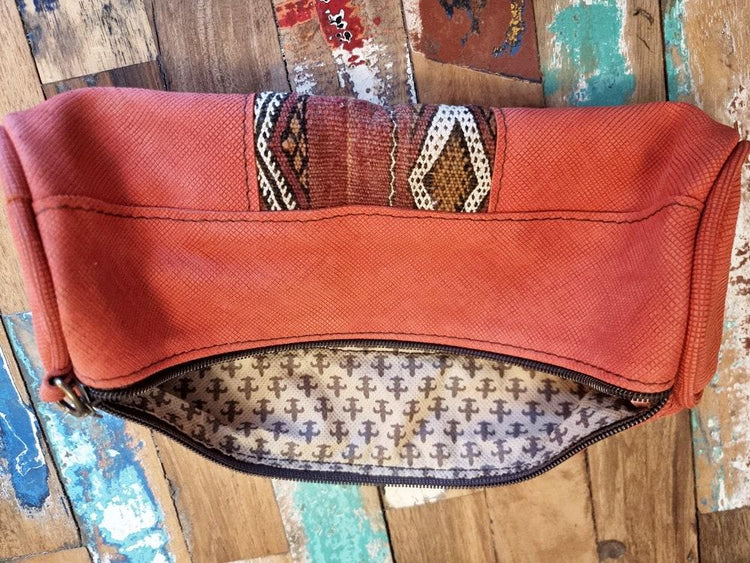 Red Leather Pencil Pouch: Vintage Kilim Detail, Boho Makeup Bag