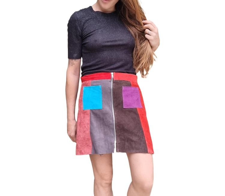 Vintage 70s Patchwork Suede Mini Skirt: Striped Boho Festival Fashion
