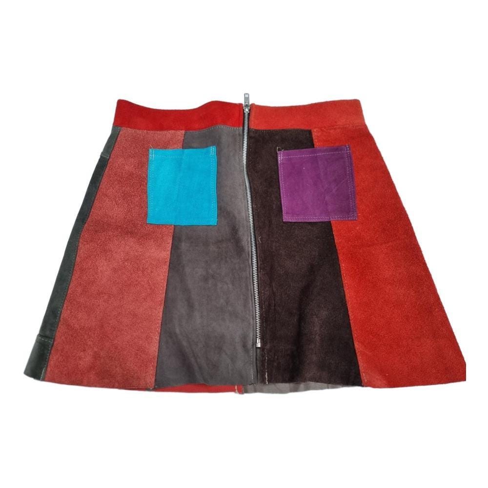 Vintage 70s Patchwork Suede Mini Skirt: Striped Boho Festival Fashion