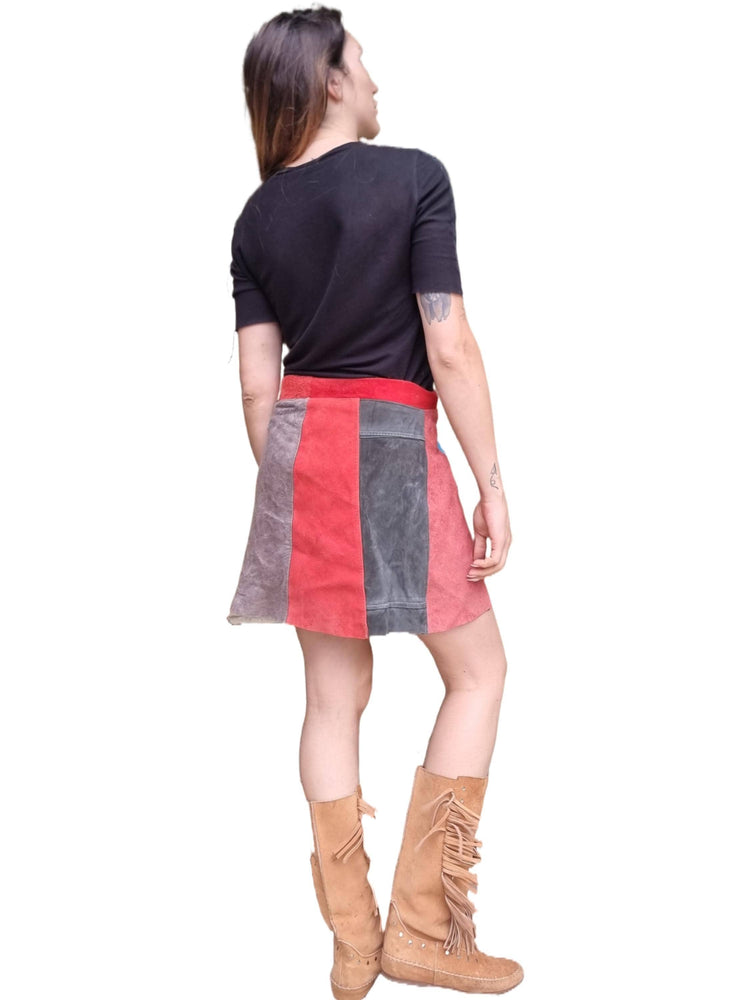 Vintage 70s Patchwork Suede Mini Skirt: Striped Boho Festival Fashion