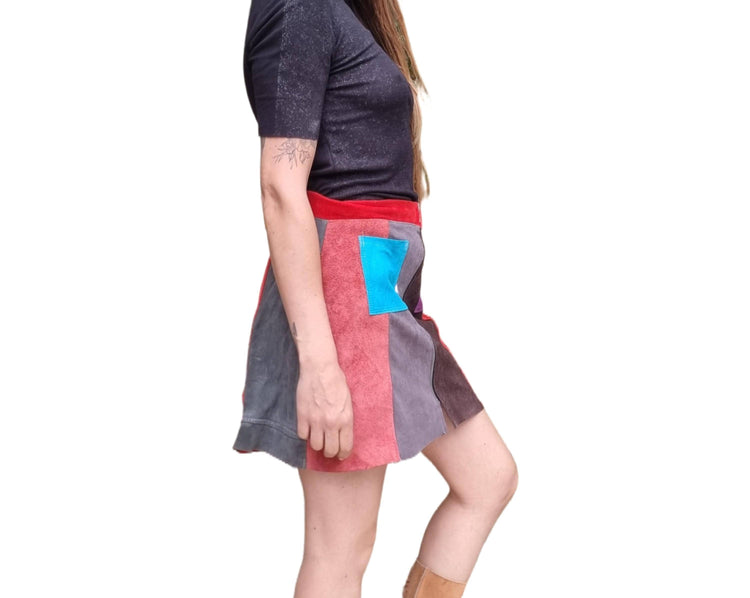 Vintage 70s Patchwork Suede Mini Skirt: Striped Boho Festival Fashion